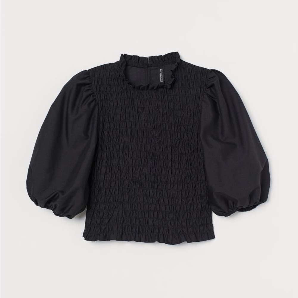 H&M Black Puff Sleeve Smocked Blouse